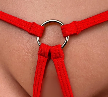 1052-2 Hot Red Open-Crotch Luxury Thong with Single Metal Ring & Anal Plug Retention Loop
