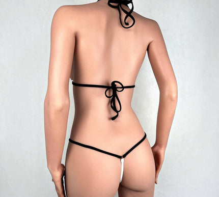114-10 SHbikini Minimalist Mini Bikini Set – White Triangles & Black Strings Essential