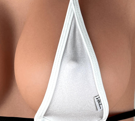 114-10 SHbikini Minimalist Mini Bikini Set – White Triangles & Black Strings Essential