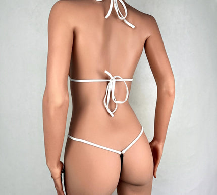 114-9 SHbikini Minimalist Mini Bikini Set – Black Triangles & White Strings Essential