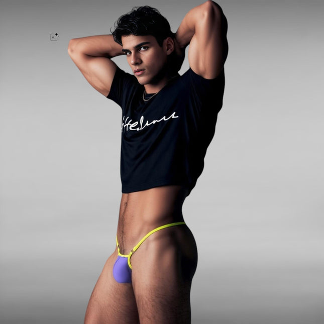 525-1 Men's Micro Y-String - Neon Green with Purple Accent