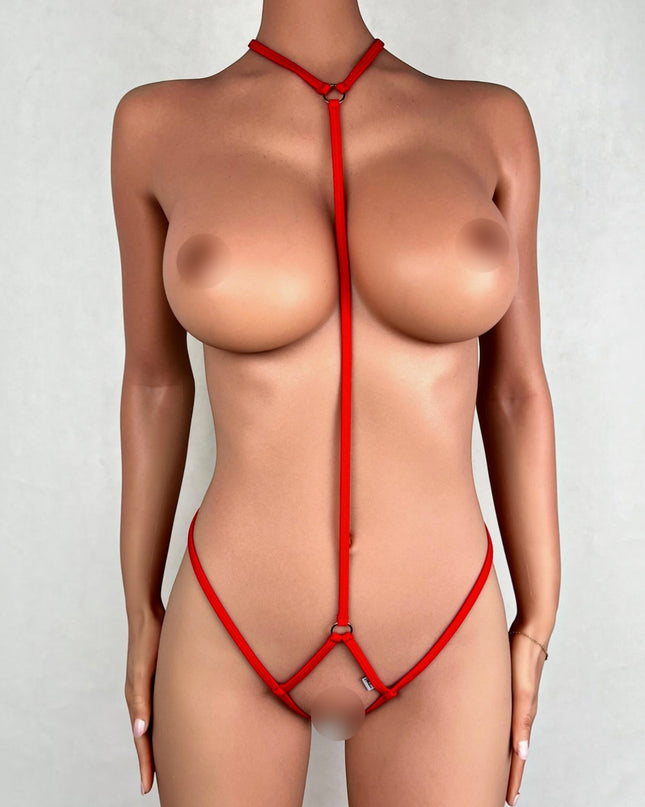 Hot Red Open Bust & Crotchless Micro Bodysuit SHbikini 1002-1 | Sexy Lingerie