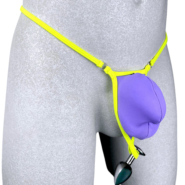 Men's Micro Thong with Plug Loop - Neon Green with Purple | SHbikini 528-1