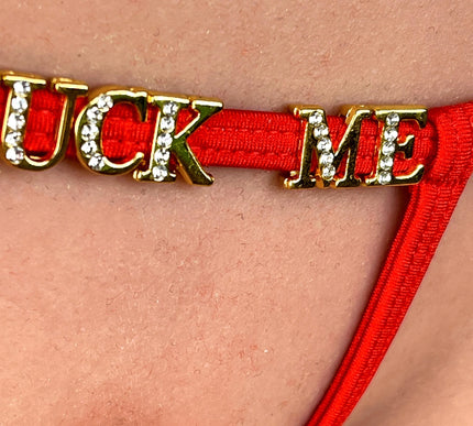 SHbikini 1043-8 Hot Red Open Crotch Micro Thong for Plug | "FK ME" Detail