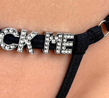 SHbikini 1069-0 Black Open Crotch Micro Thong with Sparkling "FK ME" Detail