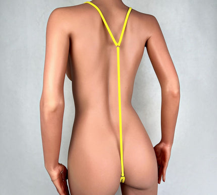 SHbikini Sexy Micro Bodysuit – Open Crotch Yellow & White Mesh Body (XS-M) | 1020-7S