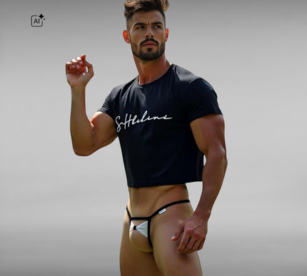 Men's Open Crotch Thong with Bow - Black Mesh Lycra 503-S